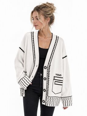 Womens Oversized White Black Graphic Cardigan Sweater Loose Fit One Size